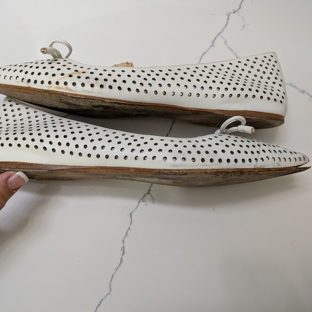 Prada White Perforated Leather Pointed-Toe Flats with Bow Accent - Picture 5 of 7